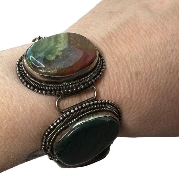 Vintage Multi Color Oval Cabochon Agate Stone Link Bracelet - Picture 2 of 10
